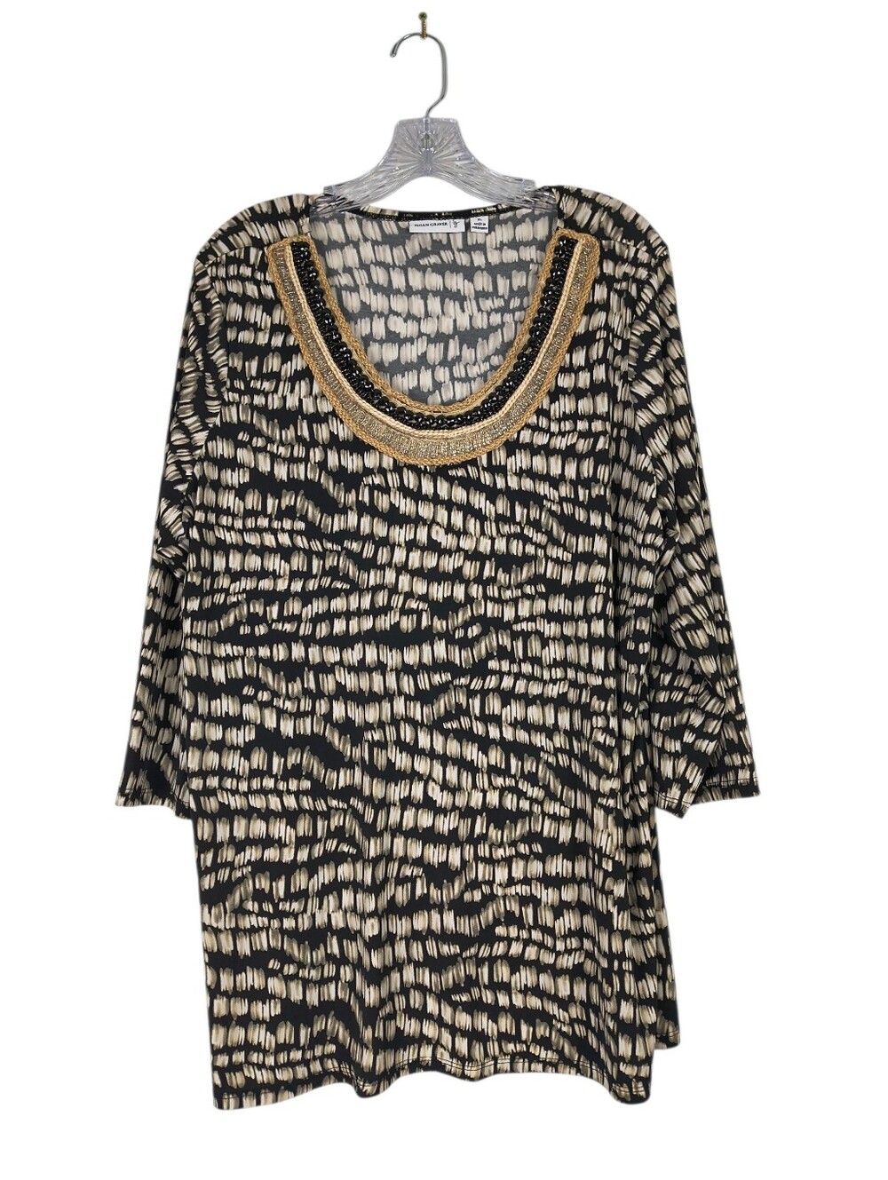 Susan Graver Top Women's XL Black White Abstract Print Liquid Knit Beaded Neck